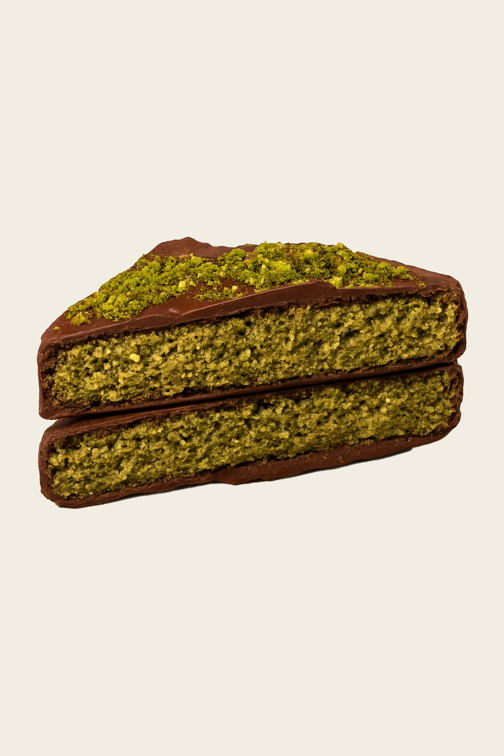 Handmade green pistachio giant bar with chocolate coating on a beige background, called the Dubai Bar.