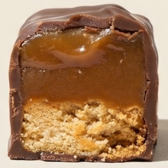 A cross-section of a Barnaby caramel chocolate bar